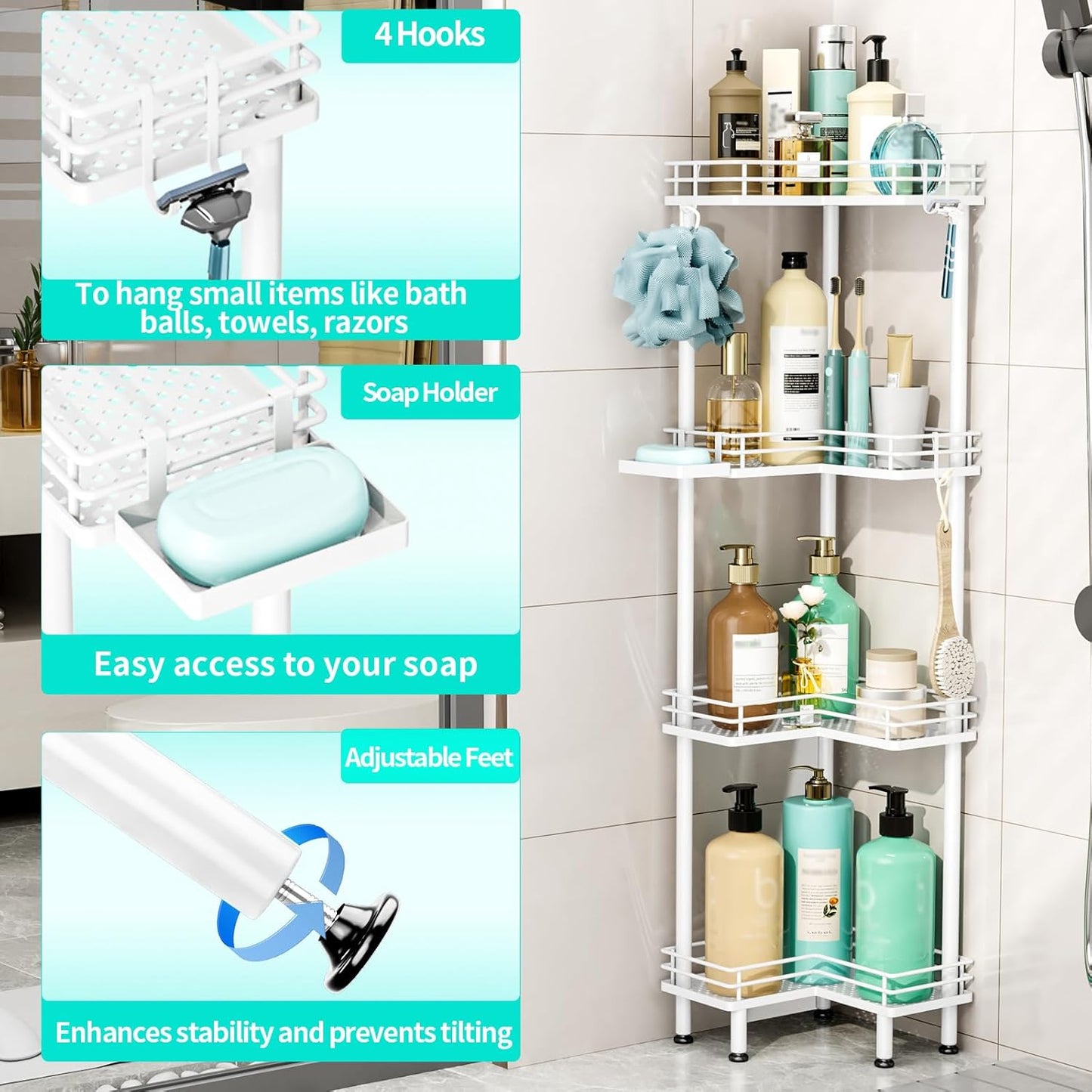 HapiRm Corner Shower Caddy Organizer - 4 Tier Shower Shelf Corner with Soap Holder, Rustproof Bathroom Standing Organizer with 4 Hooks, White