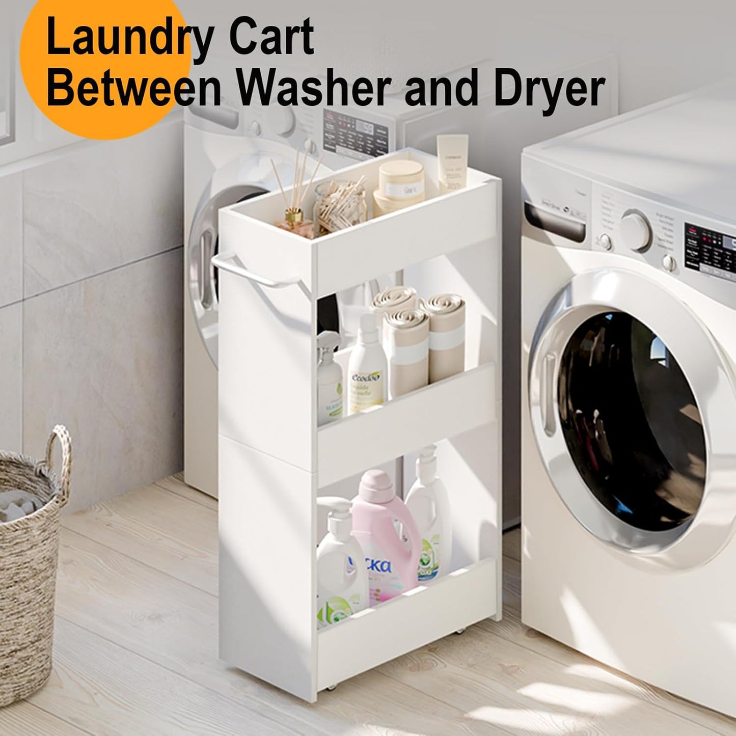 MARTY Wood Rolling Storage Cart 7.9" W, 3 Tier White Slim Utility Kitchen Cart on Wheels Laundry Room Bathroom Organizers Narrow Shelves with Handle Mobile Shelving Unit for Small Places