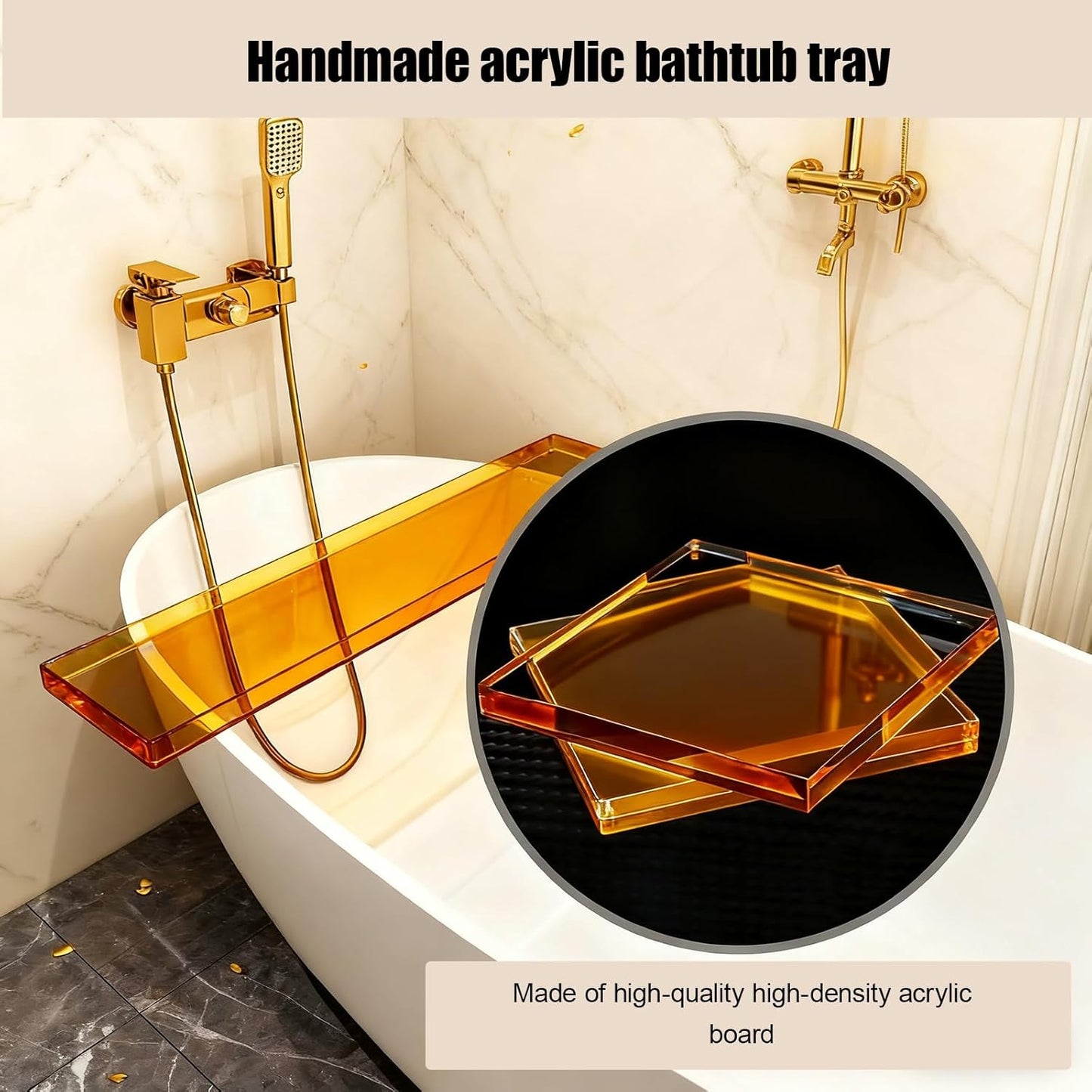 Bathtub Tray Table, Clear Acrylic, Anti-Slip Bath Caddy, (Amber, L32.3″ x W7.87″ x H1.18″)
