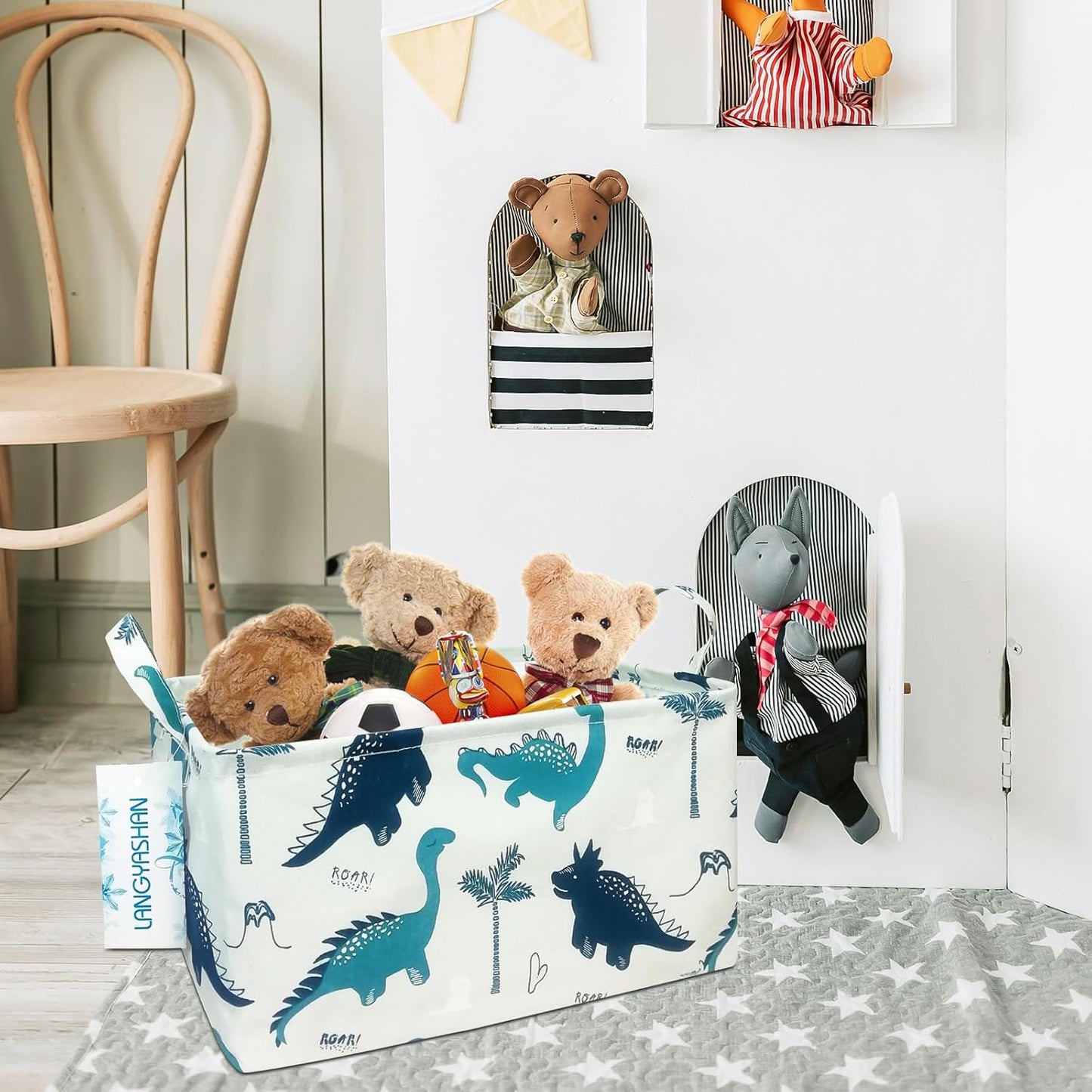 LANGYASHAN Rectangular Storage Bin Collapse Canvas Fabric Cartoon Storage Basket with Handles for Organizing Home Kitchen Boys and Girls Toys Office Closet Shelf Baskets (Rec green dinosaur)