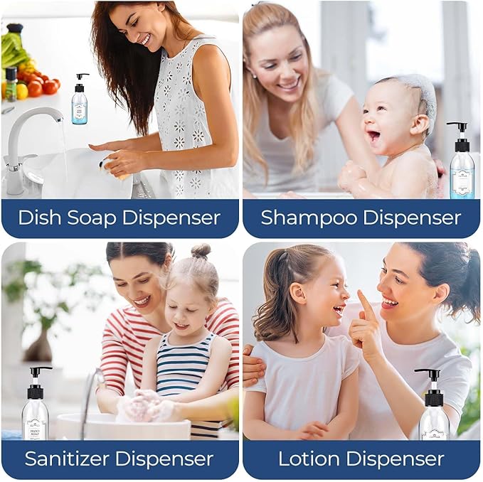 Glass Pump Bottle Dispenser 4 oz, 3 Pack, Black Caps, Labels - Glass Bottles with 1 Extra Pump Tops