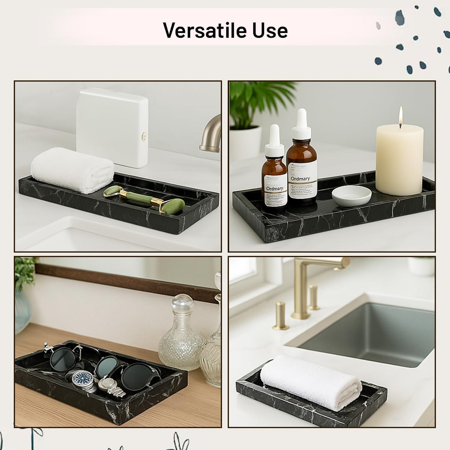Bey-Berk Atticus Black Zebra Marble Vanity Tray – Handcrafted Stone Organizer for Bathroom Countertop Accessories