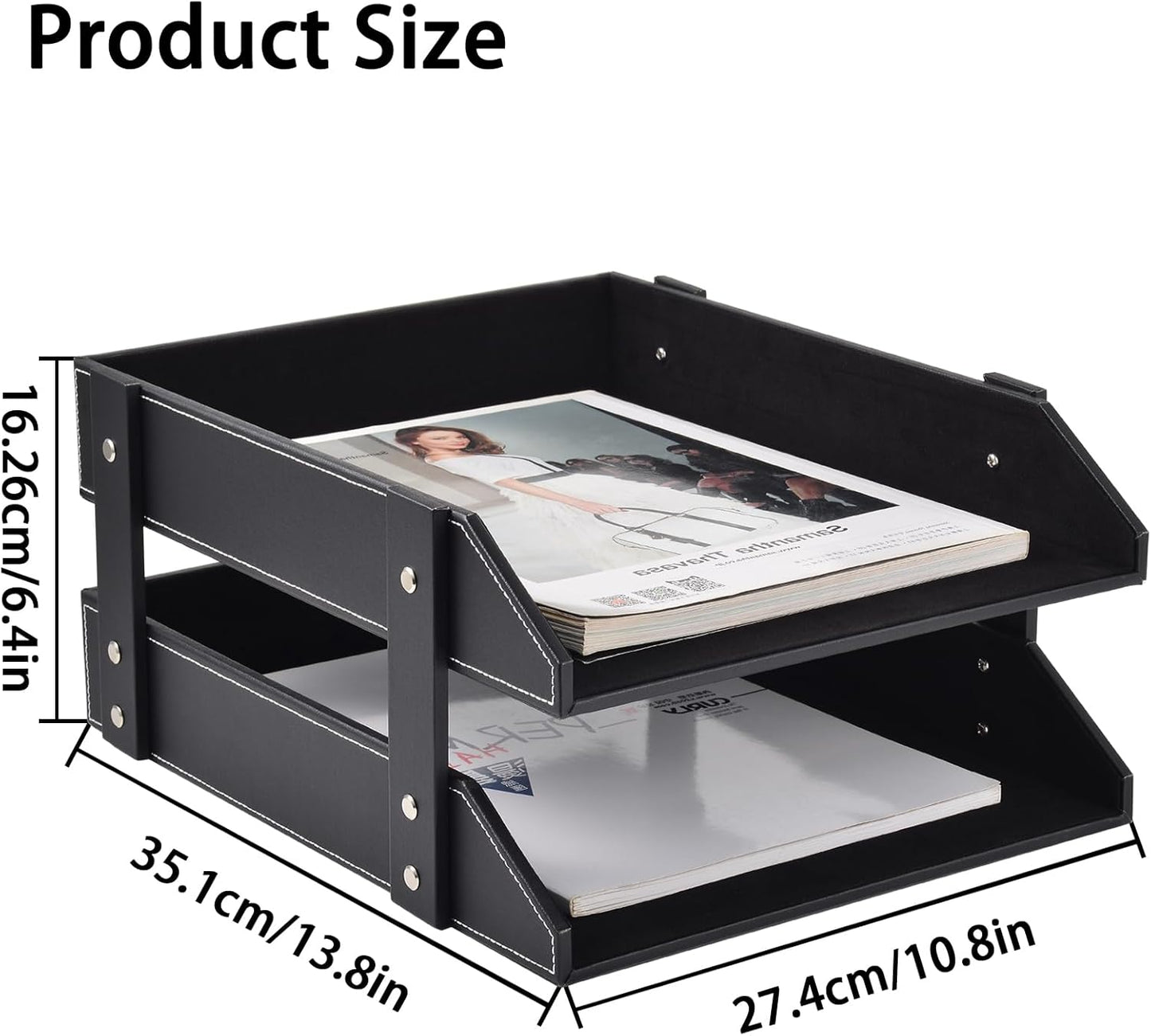 Leather Desk Organizer,2-Tier Stackable Letter Tray Holder,Office Supplies Desktop Storage Box for Document,Stationery,Magazines,Newspapers,Letters and Other Home Office Paper Sundries,Black