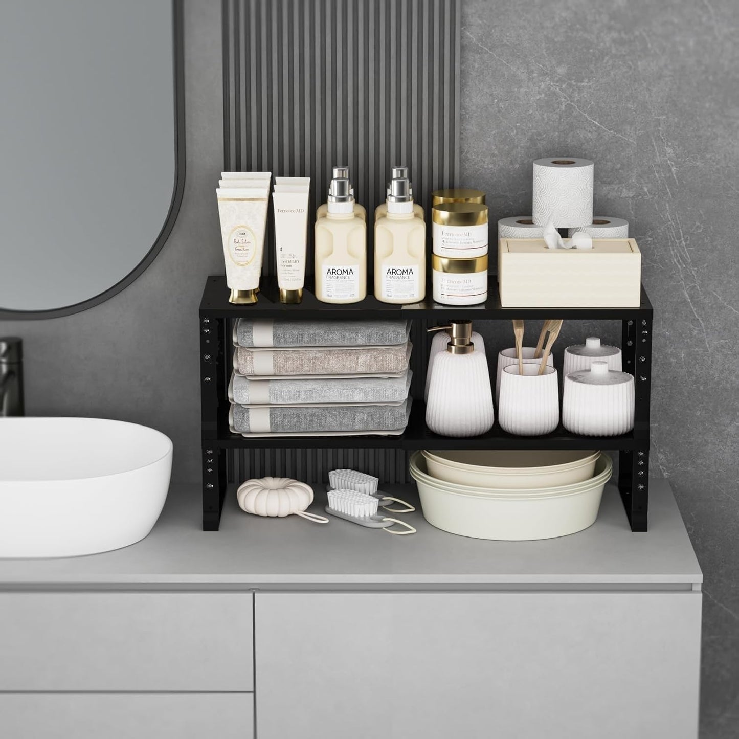 Expandable Spice Rack Organizion for Kitchen Cabinet, Seasoning,Bathroom Organizer Display Shelf, Stackable Multi-Purpose Shelves.Easy-to-Install（2Packs/Black,Large