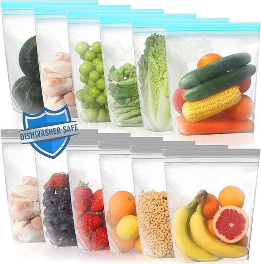 Lerine 12 Pack Reusable Gallon Freezer Bags Dishwasher Microwave Safe, Stand Up Reusable Freezer Bags 1 Gallon BPA Free, Leakproof Food Storage Bags for Kitchen Organization (Blue Gray, 12Gallon)