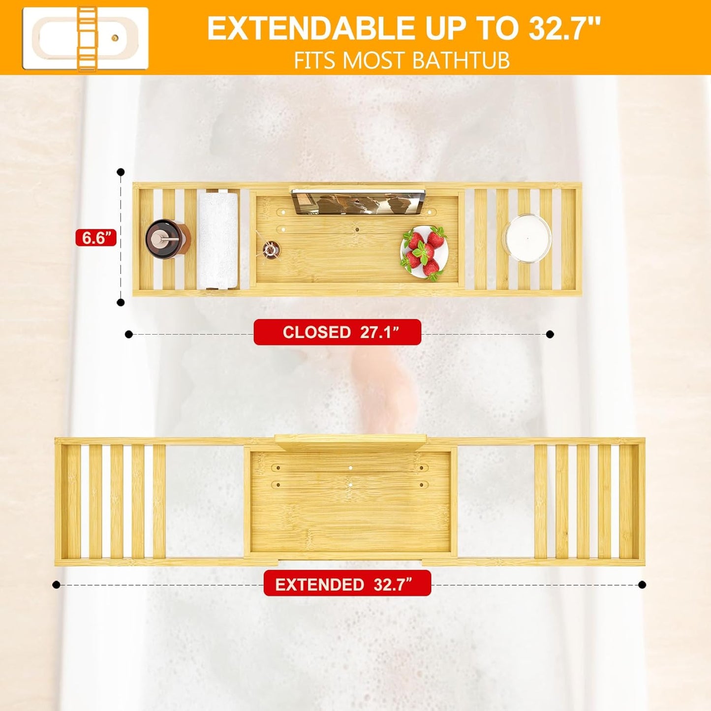 Bathtub Tray - Bath Tray Expandable - Bath Table Trays for Bathtub/Tub,Premium Bamboo Wooden, Fits Most Bath Tubs