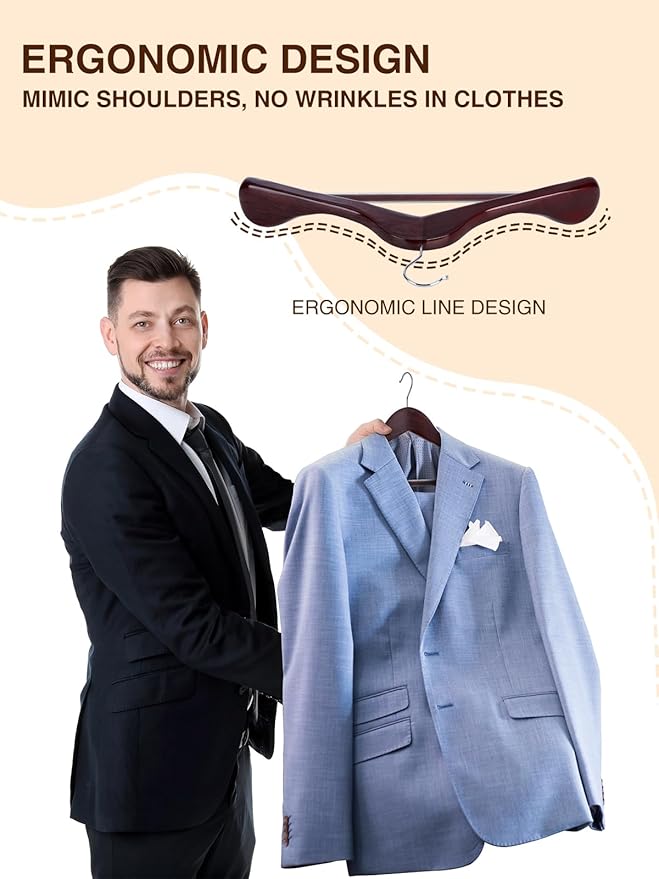 SMARTOR Suit Hangers for Men 12 Pack, Wide Shoulder Wooden Suit Hangers with Non Slip Pant Holder, Wide Hanger for Suit, Coat, Jacket, Gown, Heavy Duty Wood Suit Hanger, Cherry