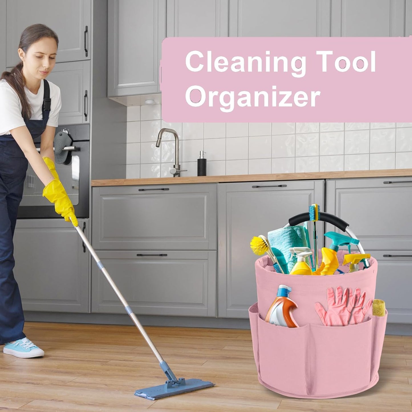 Cleaning Caddy with Handle, Cleaning Products Organiser, 17L Foldable Storage Basket, Cleaning Caddy Organiser, Portable Multi Cleaning Bucket Bag for Home, Garden (Pink)