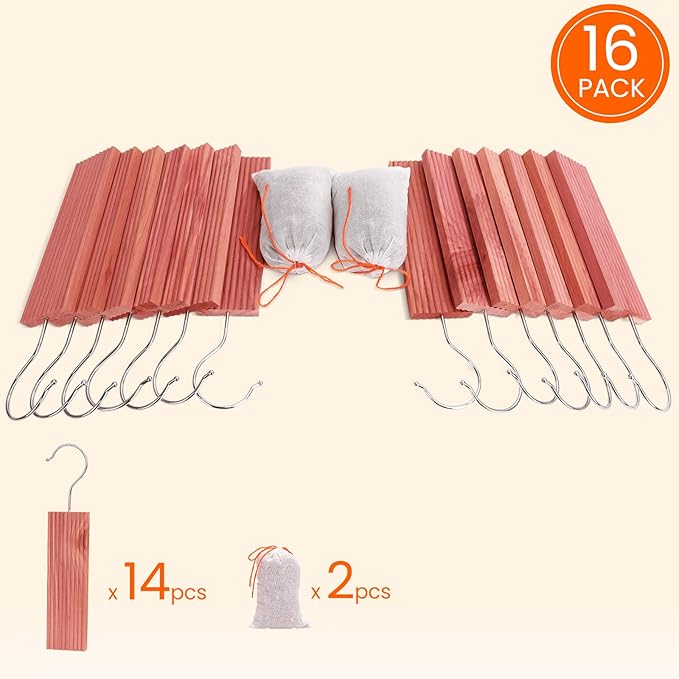 Homode Cedar Blocks for Clothes Storage, Aromatic Cedar Wood for Closets and Drawers, Cedarwood Hangups with Hook, Scent Sachets Bags Cedar Closet Freshener, 16 Pack