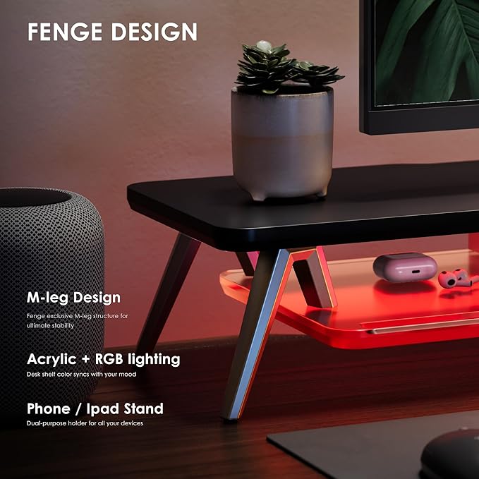 Fenge Dual Monitor Stand, 2 Tiers Acrylic Monitor Riser with LED Lights, 42.5 Inch Wood and Aluminum Desk Shelf with Phone and Tablet Holder