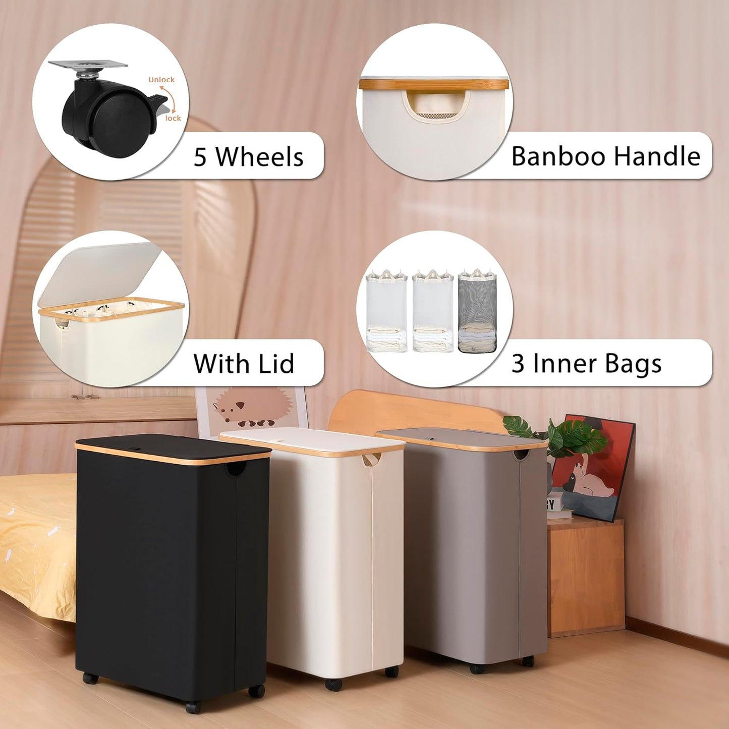 Lagre Laundry Basket with Wheels, Laundry Hamper with Lid, 160L Clothes Hamper for Laundry with 3 Liner Bags, for Laundry Room, Bedroom, Dormitory Organization,Beige