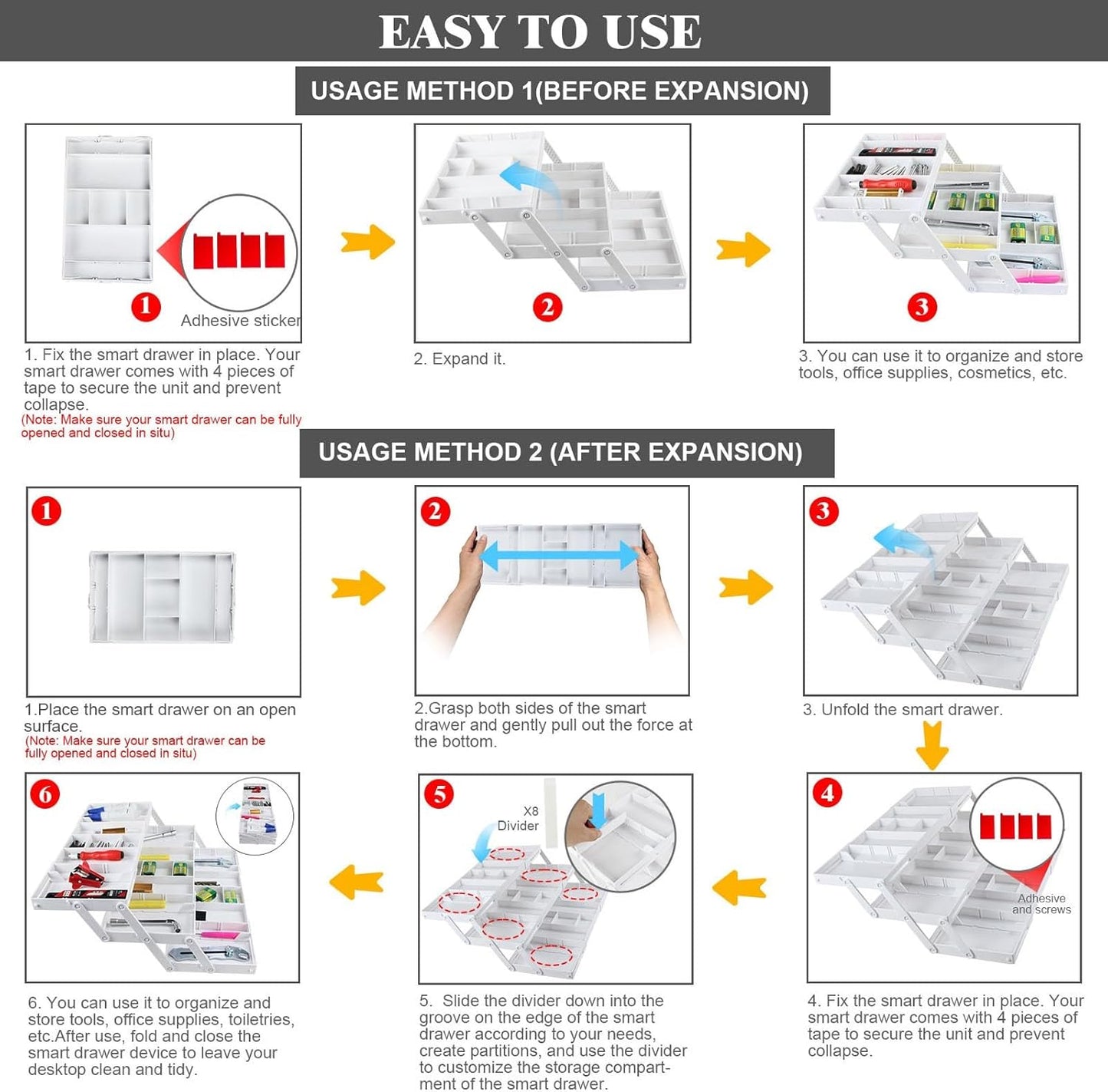 2/3 Tier Smart Collapsible Drawer Organizer,Multi Level Stacking Folding Junk Organizer, Foldable Expandable Pop up Tray, Expanding Multilevel Triple Desk Space Organizer (2 Row 2 Tier - White)