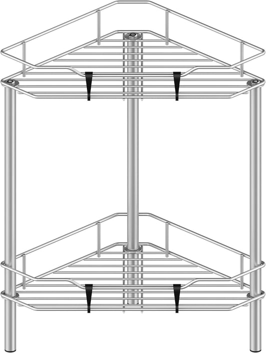 2 Tier Floor Standing Corner Shower Caddy Organizer Shelf with Hooks, Bathroom Shelves Stand Rack, Gray