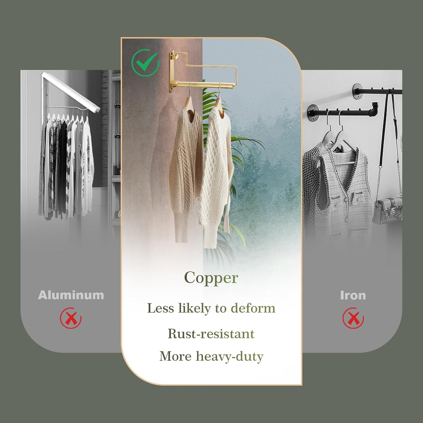 NEWRAIN Clothes Drying Rack, Laundry Racks for Drying Clothes, Wall Mounted Swing Arm Clothes Hanger for Laundry Room, Garage, Indoor & Outdoor Use,Brushed Gold