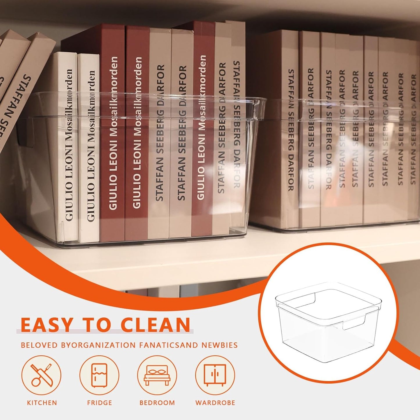 MOONEDGE 8-Pack Clear Plastic Storage Bins — Open-Top PET Containers and Organizers, 10" x 10" x 6" Storage Boxes for Pantry, Garage, Under-Shelf and Multi-Purpose Home Organization