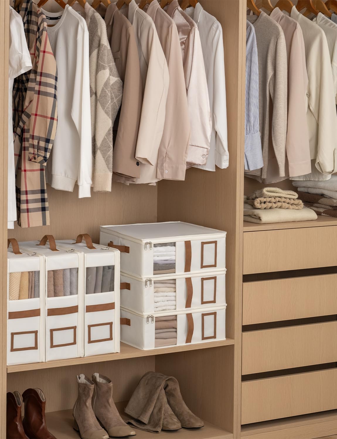 StorageWorks 6-Pack Bed Sheet Organizers and Storage, Foldable Bedsheet Holder for Linen Closet, Bedding Container with Handle, Beige, 15" D x 12¾"W x 5½"H