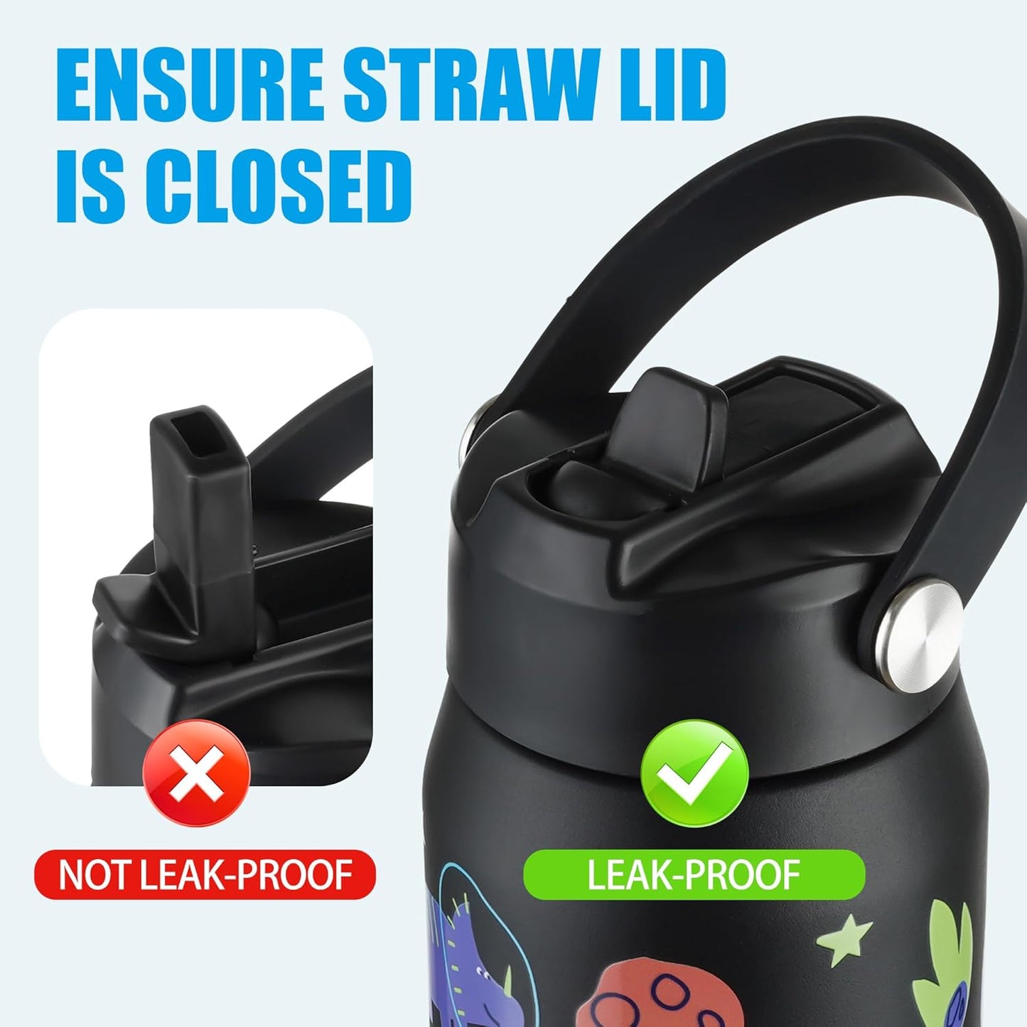 OLDLEY kids Water Bottle - 18oz Insulated Stainless Steel - Wide Straw Lid, Non Spill, Leakproof, Kids Water Bottle for School,Space Dinosaur