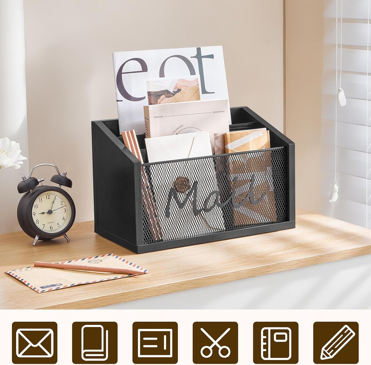 Mail Organizer Countertop, Mail Holder with 3 Slots, Mail Sorter for Desk, Wooden Office Desk Organizer, Mail Organizer for Magazines, Files, Papers, Folders, Black MR03BB
