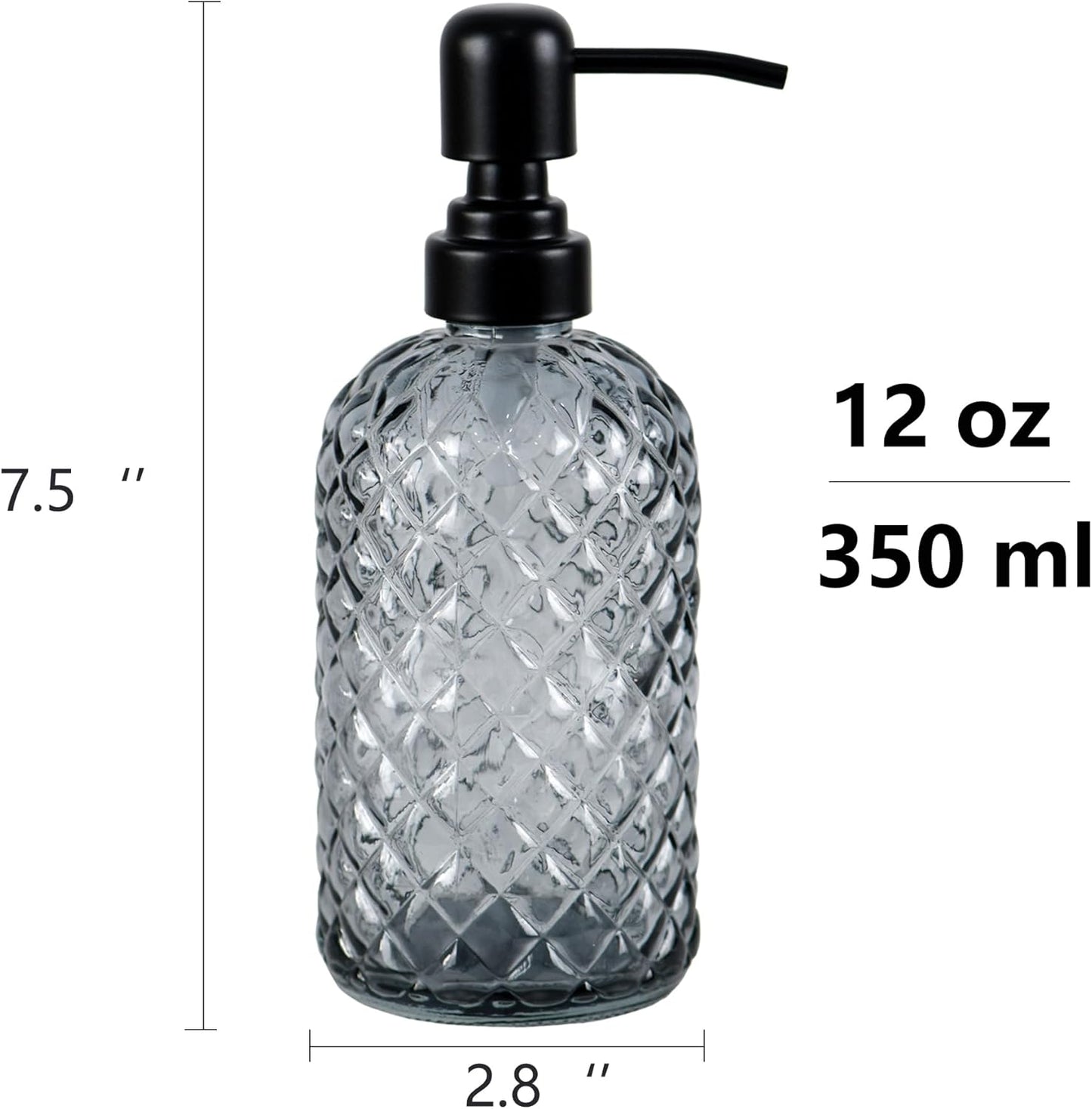 12Oz Glass Soap Dispenser with 304 Black Rustproof Stainless-Steel Pump, Refillable Glass Soap Dispenser for Kitchen, Bathroom, Farmhouse (Grey)