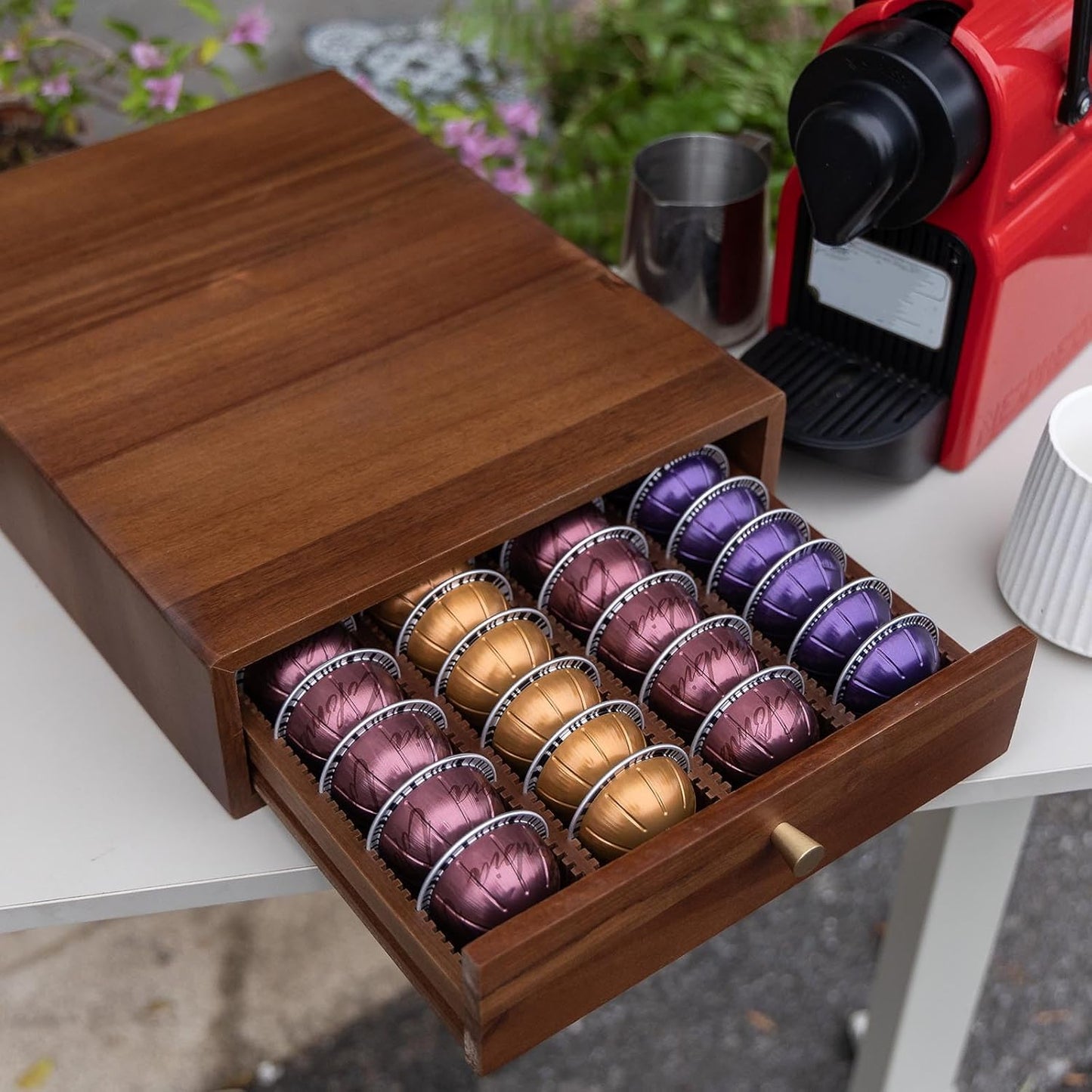 Acacia Wood Coffee Pod Drawer Compatible with Nespresso Vertuo, Pods Holder, Pod Organizer Tray, Storage, Stand, Container, Capsule Holder for Coffee Bar Countertop, 40 Big or 60 Small Pods Capacity