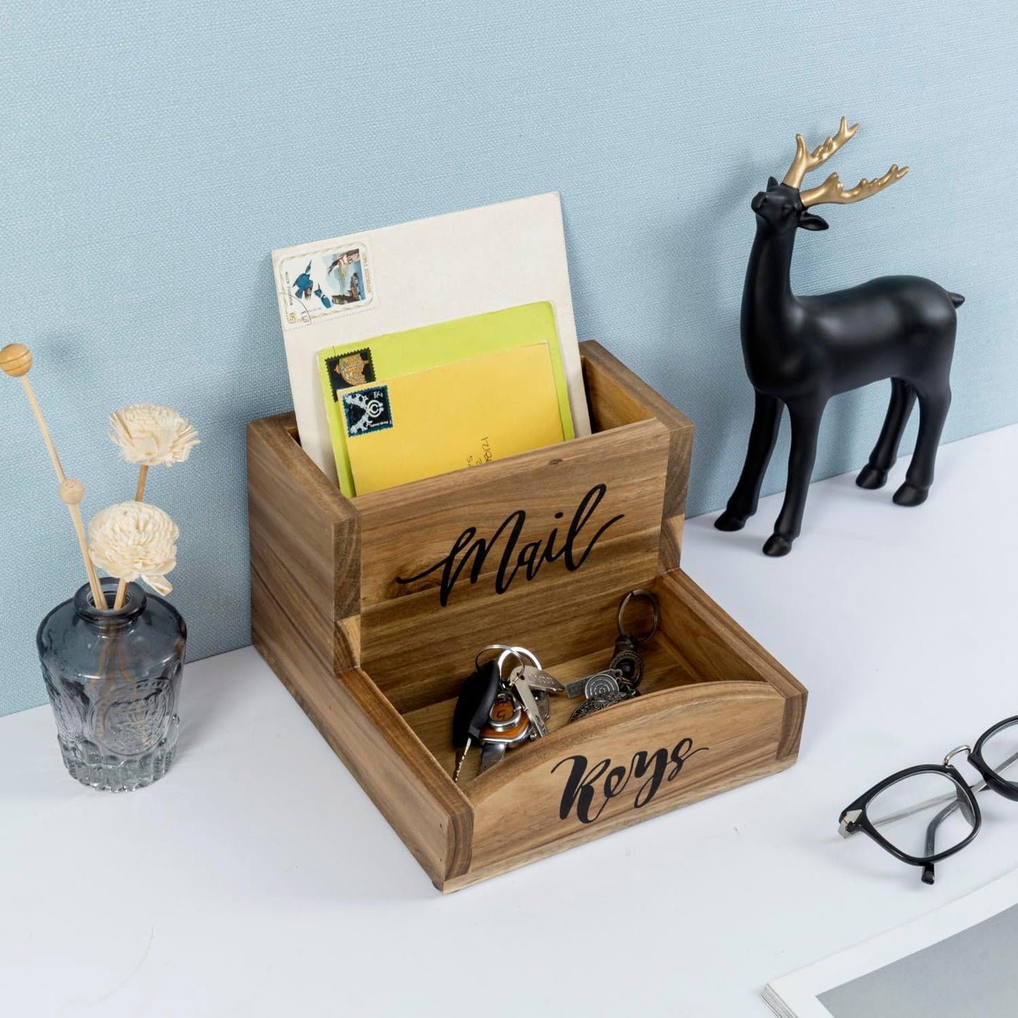 MyGift Premium Acacia Solid Wood Mail Holder and Key Organizer, Entryway Storage Tray or Office Desktop Organizing Bin with Black Cursive Lettering Labels