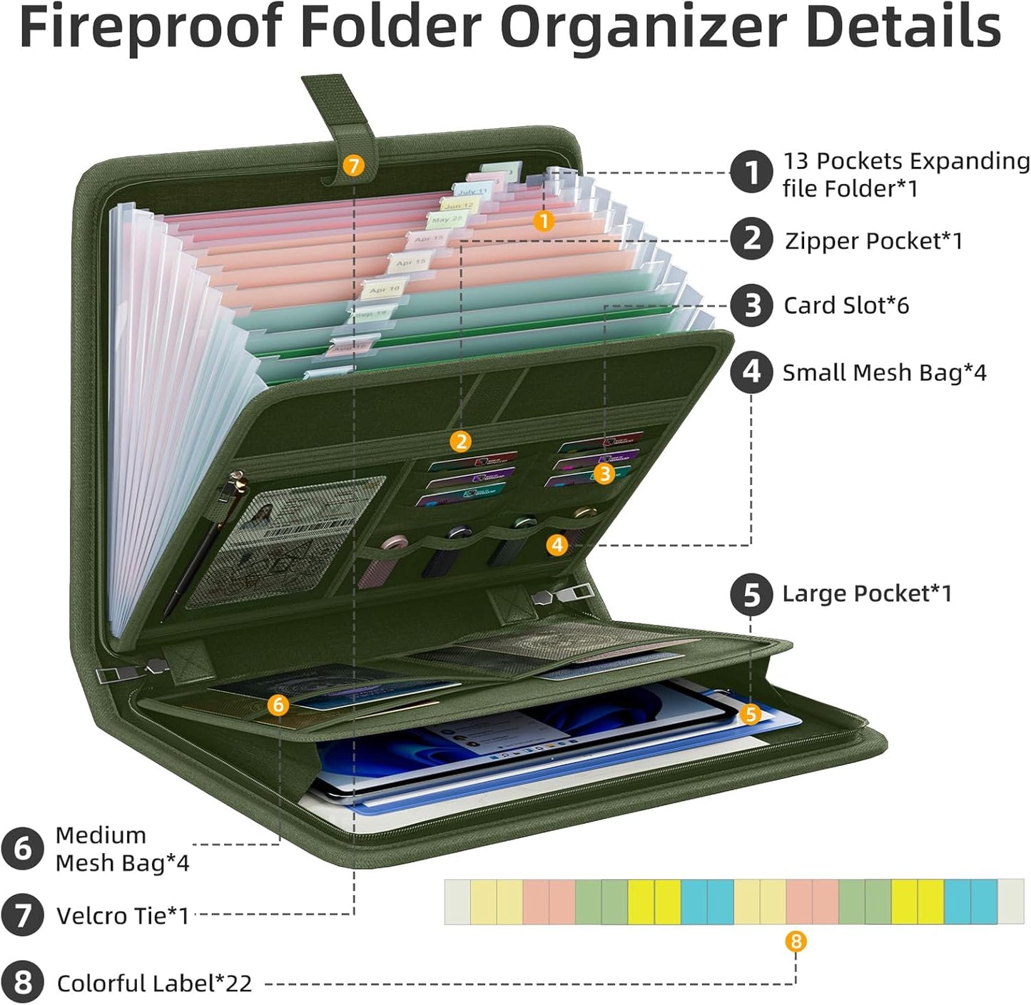 Fireproof Accordion File Organizer, Portable Expanding File Folder with Waterproof Zipper&Labels, Green Document Organizer with 13 Pockets, File Organizer for Important Document/Paper Storage