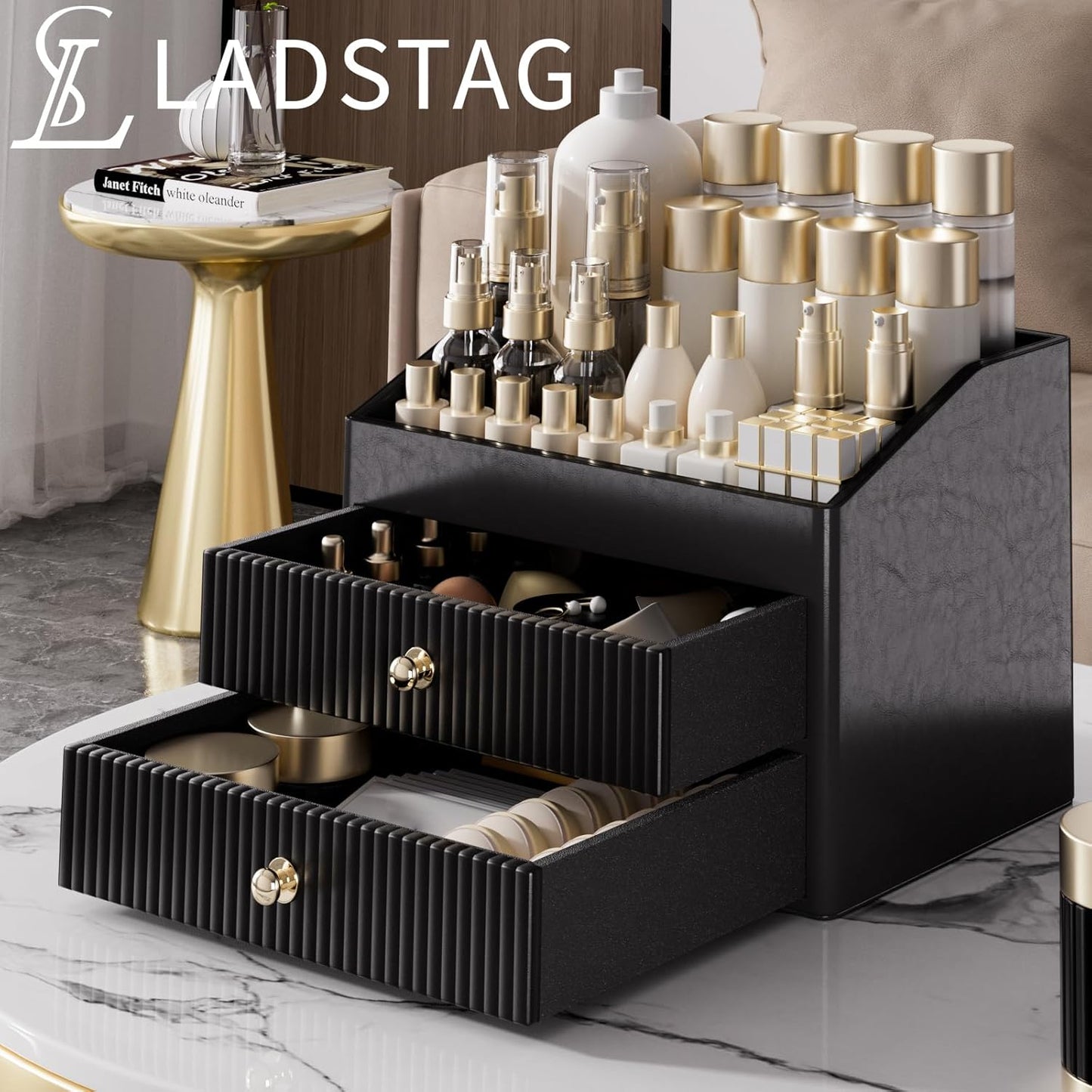 Make up Organizers for Vanity,Leather Makeup organizer for Vanity,Large Capacity Black Vanity Storage for Nail Polish,Bedroom,Bathroom,Gifts for Mom,Unique Gifts for Women