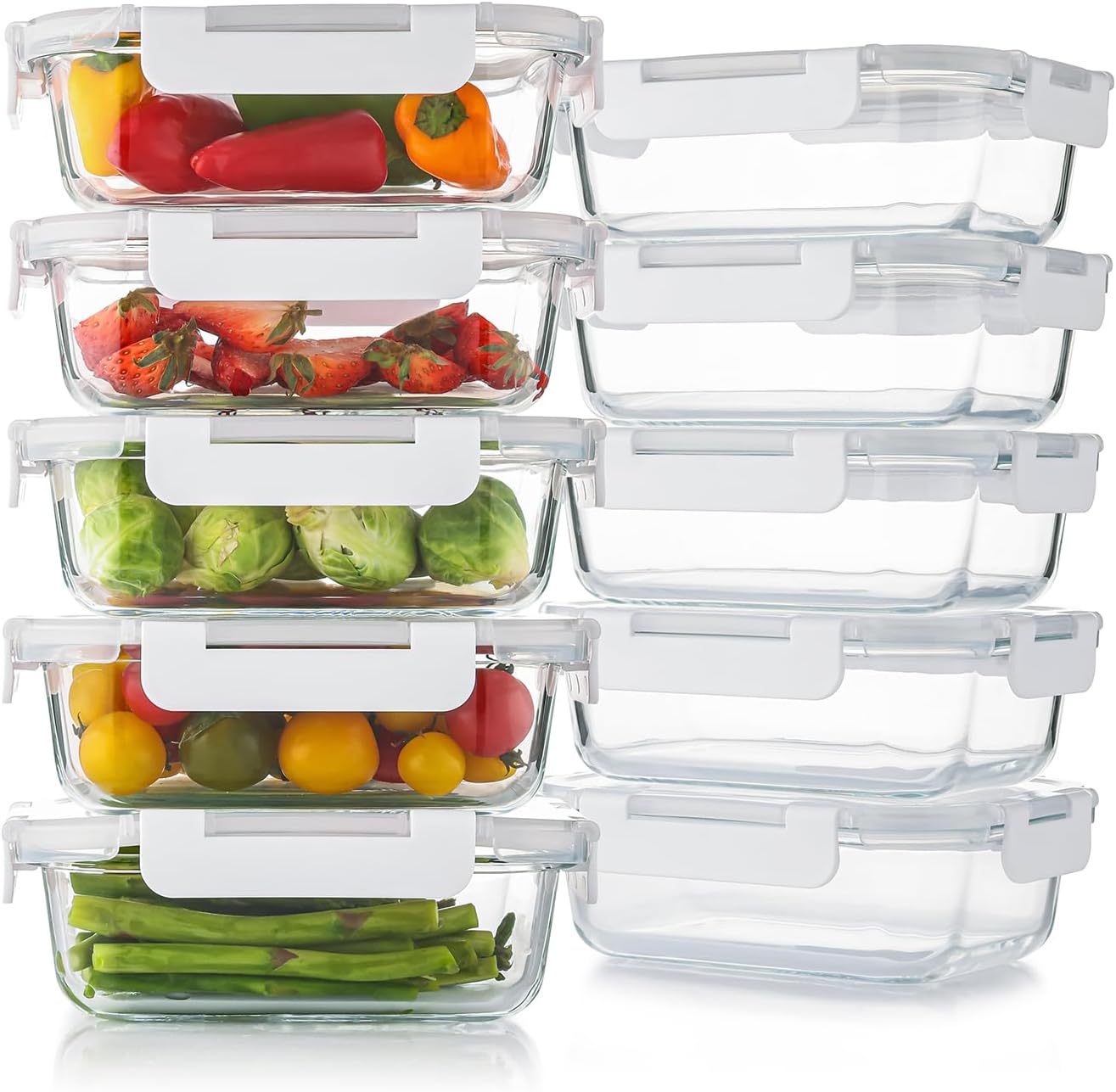 10 Pack 22 Oz Glass Meal Prep Containers with Lids, Reusable Glass Food Storage Containers with Lids, Leak Proof, Microwave, Oven, Freezer and Dishwasher Safe (White)