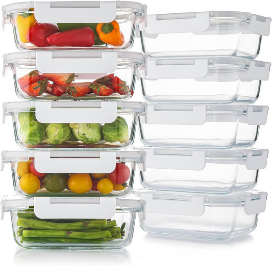 10 Pack 22 Oz Glass Meal Prep Containers with Lids, Reusable Glass Food Storage Containers with Lids, Leak Proof, Microwave, Oven, Freezer and Dishwasher Safe (White)