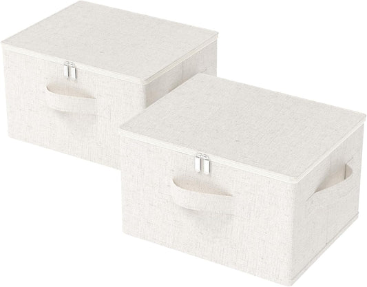 Fabric Underbed Storage Bins with Lid, Foldable Cube Organizer, Home Wardrobe Containers Box for Organizing Clothes, Shoes, Blankets, Pillows, 19.6x15.7x11.8Inches, Beige, 2 Pack