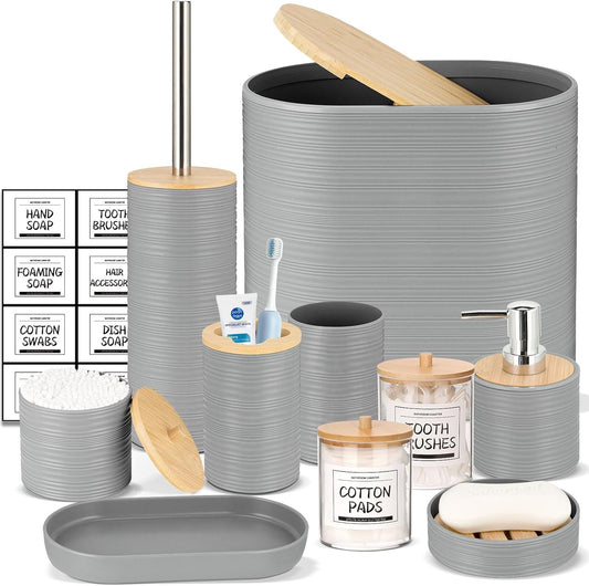 IMAVO Bathroom Accessory Set-11Pcs Grey Bathroom Accessories Set with Trash Can,Soap Dispenser,Soap Dish,Toothbrush Holder,Toothbrush Cup,Toilet Brush Holder,Qtip Holder Dispenser with Labels
