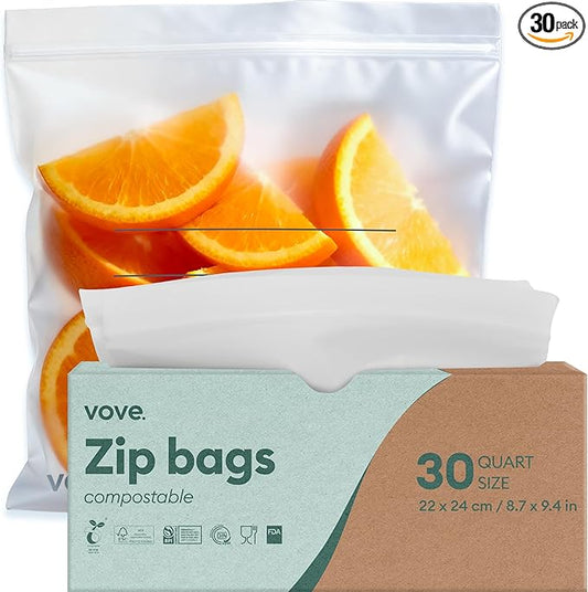Vove Compostable Quart Bags, Large 30 Count – Freezer Safe, Leak Resistant, Non Toxic Food Storage for Leftovers & Meal Prep, Plastic-Free Eco Bags