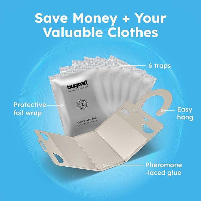 BugMD Clothes & Pantry Moth Traps (18 Count) – Sticky Glue Pheromone-Based Repellent for Closets, Cabinets & Wardrobes – Non-Toxic - White