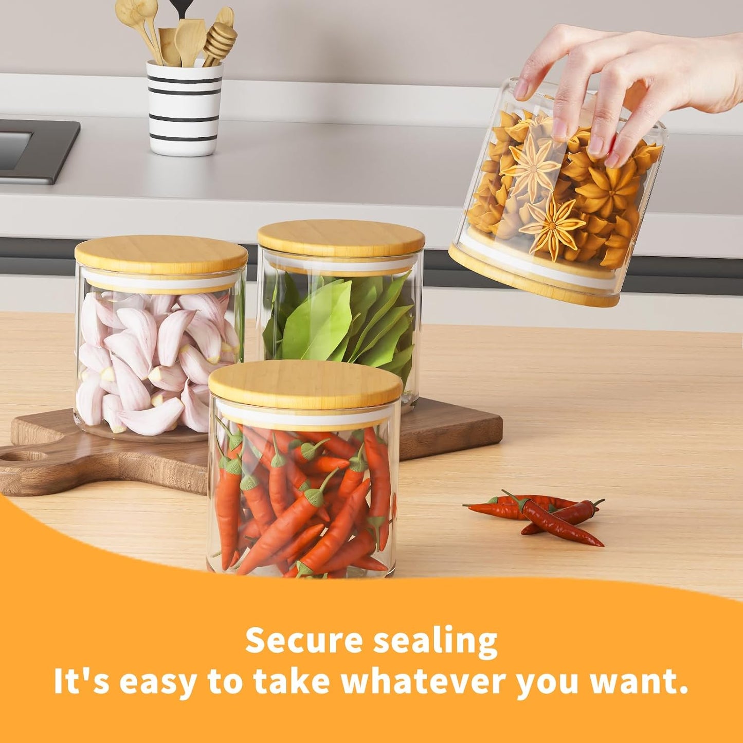 SODSAI 6 Piece Glass Storage Jars Set with Airtight Bamboo Lids and Labels, 20oz/600ml Glass Spice Jars Food Storage Containers for Home Kitchen,Pantry, Tea, Sugar, Salt, Coffee, Flour, Herbs, Grains