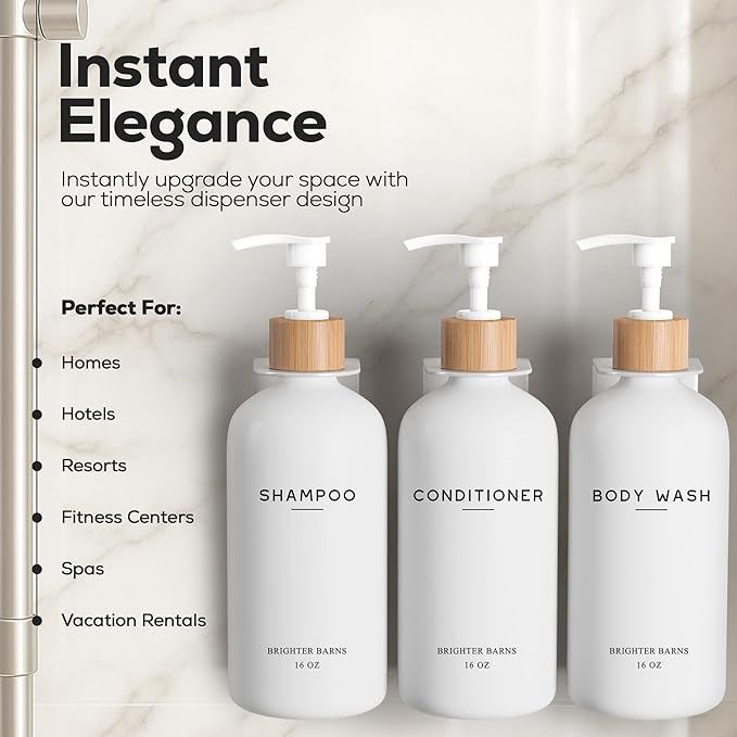 White Shampoo and Conditioner Dispenser Set Wall Mounted by Brighter Barns - Shower Dispenser 3 Chamber No Drill - Refillable Shampoo and Conditioner Bottles for Shower Wall in Airbnb, Hotel (White)