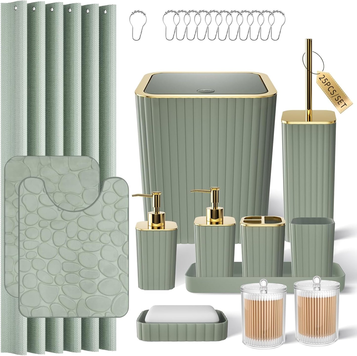 Bathroom Accessories Set - 25PC Sage Green Bathroom Set, Bathroom Set with Shower Curtain and Rugs, Sage Green Shower Curtain Set, Bathroom Accessory Set, Trash Can & Soap Dispenser