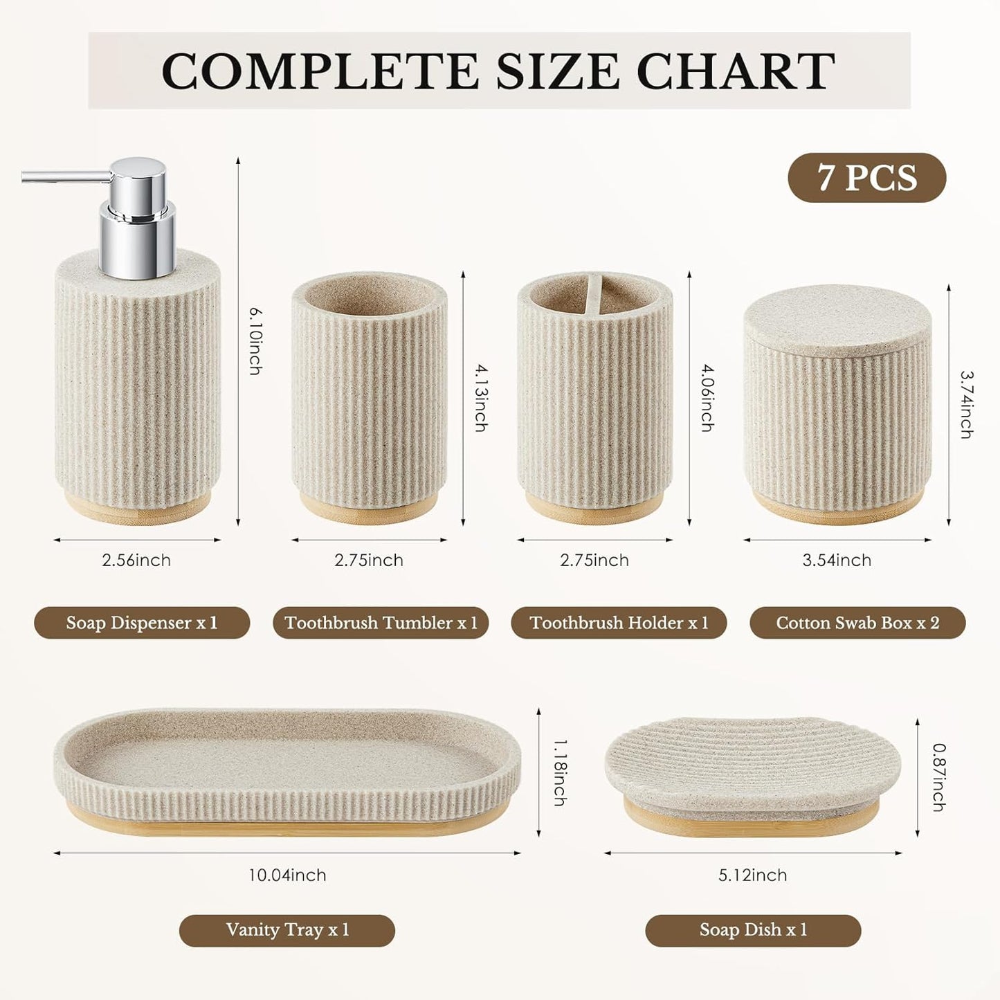 Bathroom Accessories Set, 7PCS Resin Bathroom Set with Bamboo Base, with Soap Dispenser, Q-tip Holder, Toothbrush Holder, Tumbler, Soap Dish, Vanity Tray, Complete Bathroom Set for Modern Decor,Beige