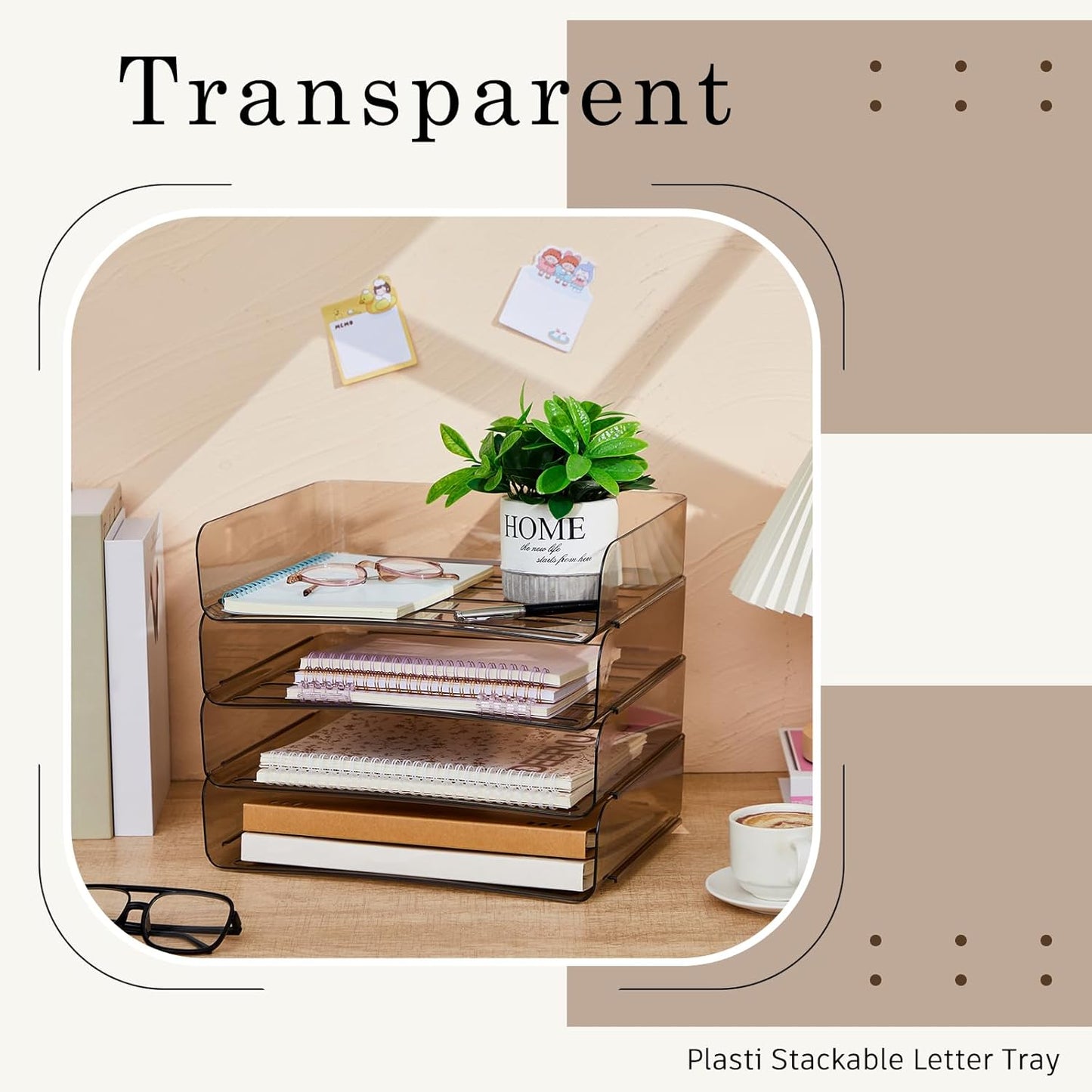 Harloon 4 Tier Acrylic Paper Tray 13 x 9.8 x 3 Inches Stackable Letter Clear Organizer No Need to Assemble Acrylic Paper Organizer File Tray for Office Workspace Desktop Storage (Transparent Gray)