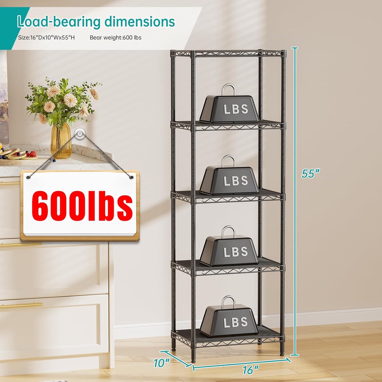 SINGAYE Metal Shelves Wire Shelving：Storage Rack Standing Units Shelf for Kitchen Laundry Bathroom Closet Organizers Pantry Narrow Mesh Adjustable 10" D x 16" W x 55" H Black