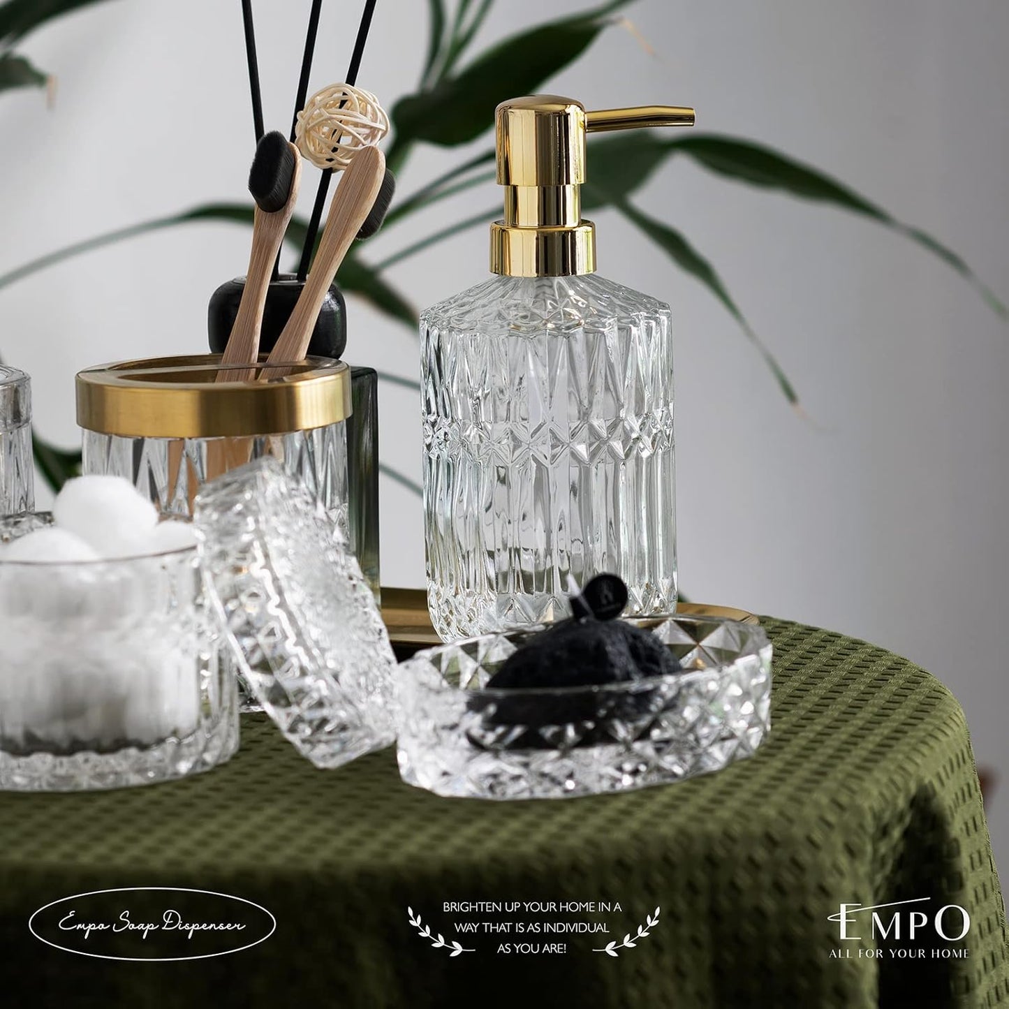 EMPO 6PCS Bathroom Clear Glass Accessories Set (Lotion Soap Dispenser, Soap Dish, Toothbrush Holder, Tumbler, Cotton Swab Jar), Contemporary Modern Decor Crystal Vintage Gift (6pcs Clear)