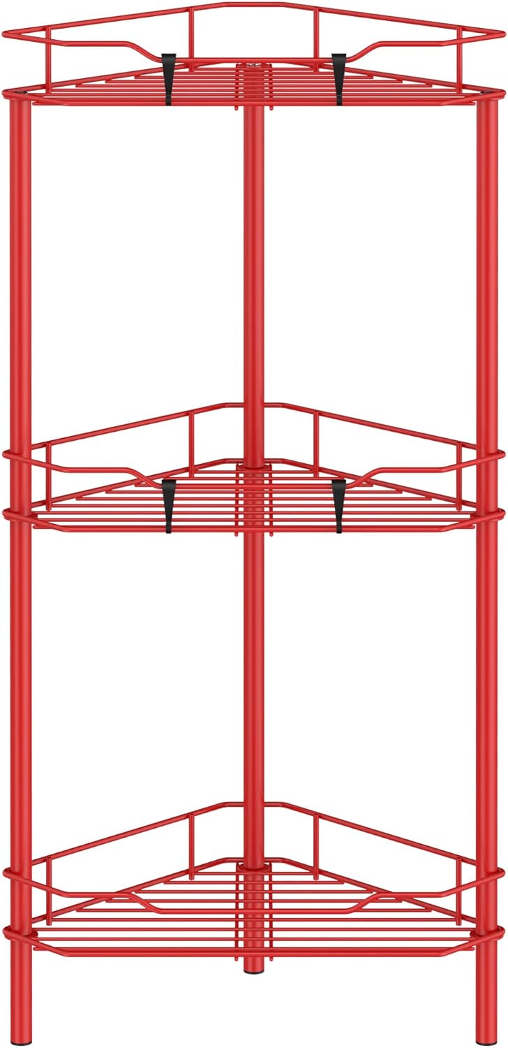 3 Tier Floor Standing Corner Shower Caddy Organizer Shelf with Hooks, Bathroom Shelves Stand Rack, Red