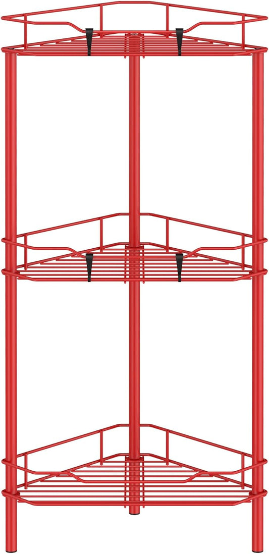 3 Tier Floor Standing Corner Shower Caddy Organizer Shelf with Hooks, Bathroom Shelves Stand Rack, Red