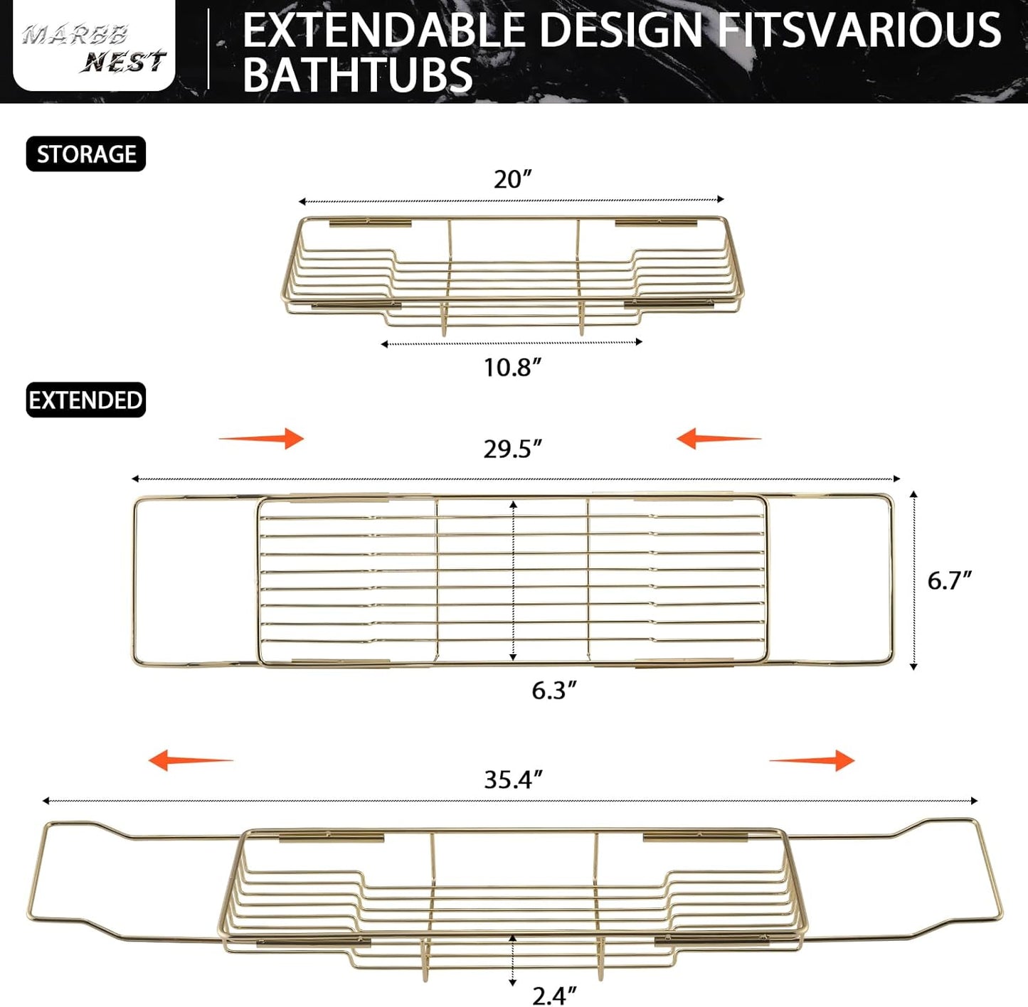Bathtub Tray Caddy for Luxury Bath Expandable Extra Wide Bath Tub Tray with Natural Marble Tray and Mobile/Tablet Stand, Ideal for Home Spa Lovers (Gold + Black)