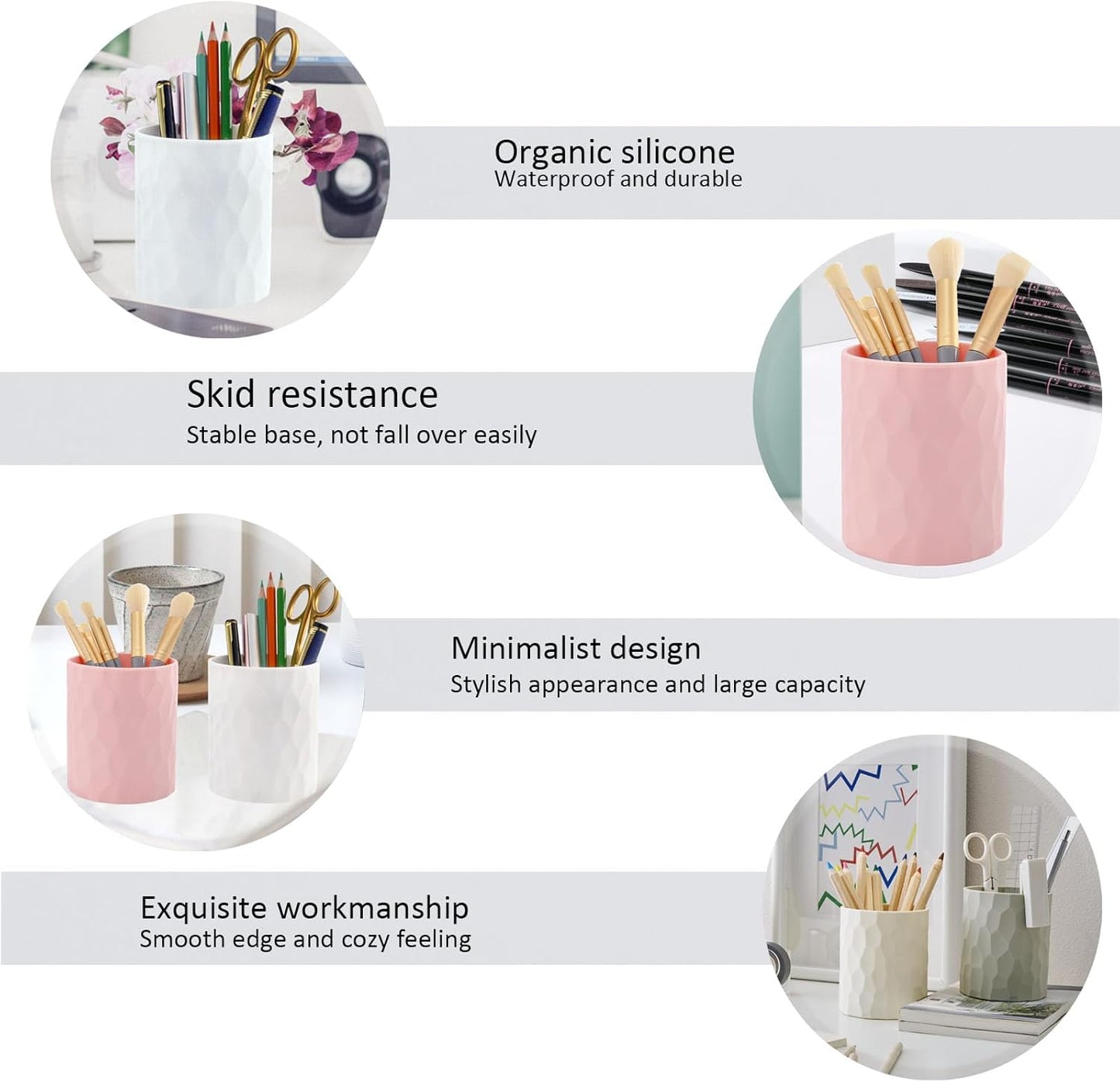 Pen Holder,Nordic Style Silicone Waterproof Pencil Holder for Desk Simple&Modern Minimalist Makeup Organizer Multifunctional Office Supplies for Home,Kids and School (Pink)