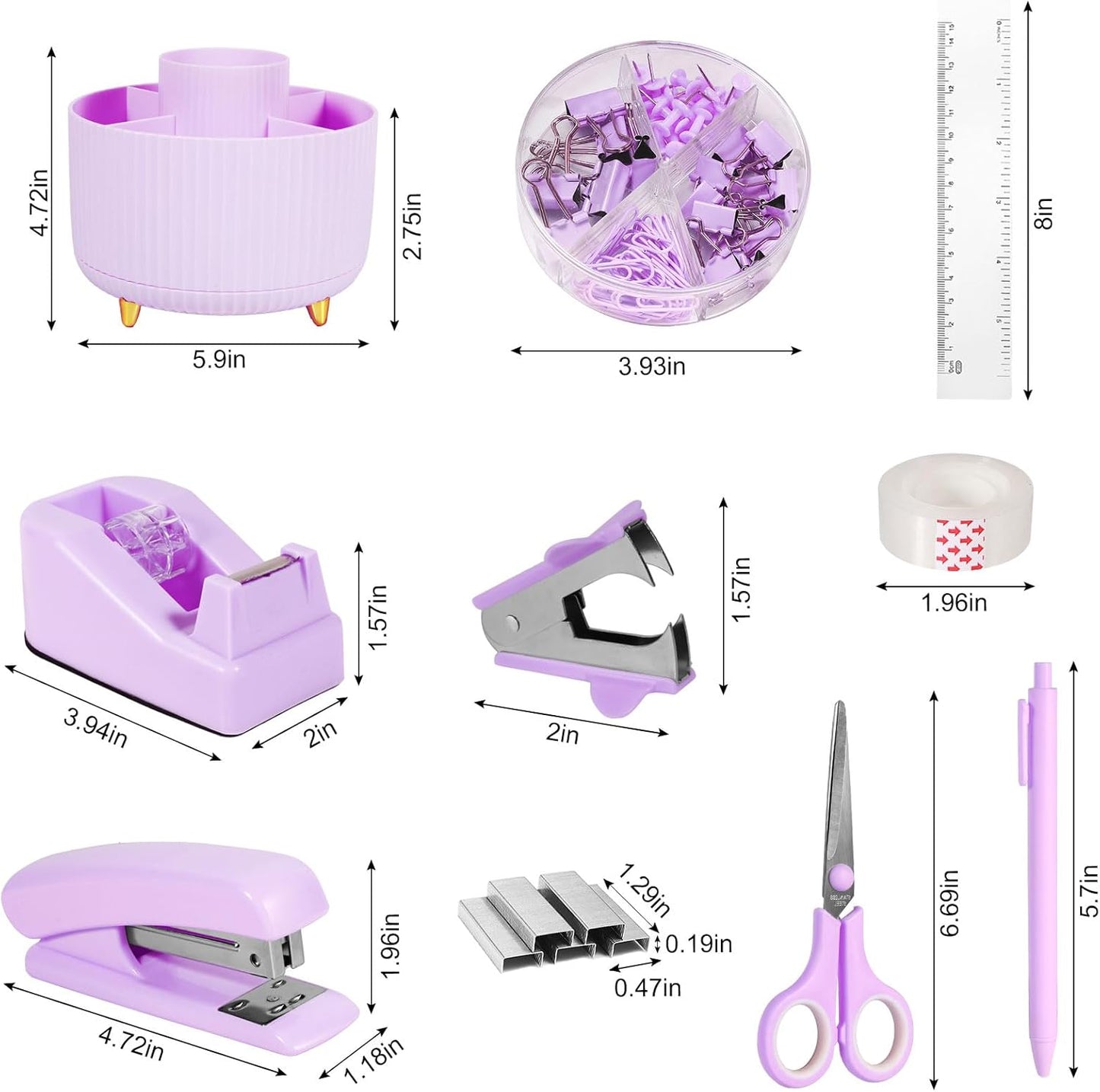Desk Organizers and Accessories Set with 360-Degree Rotating Pen Holder, Tape Dispenser, Stapler, Staple Remover, 1000 Staples, Tape, Clips Set, Ruler, Scissor, Pen
