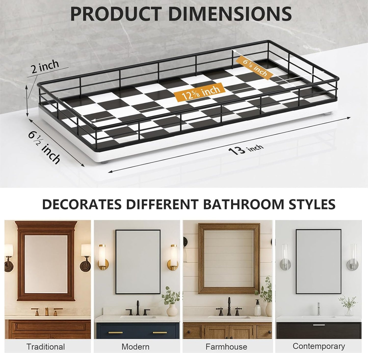 Toilet Tank Tray Organizer – Oak Wood Bathroom Counter Basket with Metal Frame, Back of Toilet or Tank Top Paper Holder Storage – Black & White Modern Decor