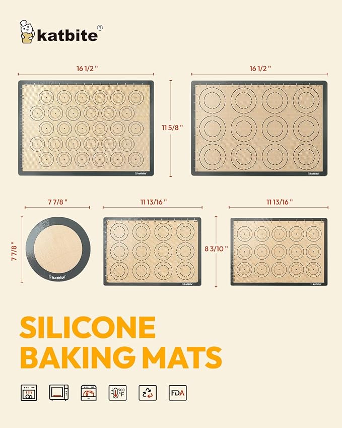 Silicone Baking Mat Set of 5, Katbite Food Grade Non-stick Reusable Cookie Sheet Bakeware Mats for Making Macaron, Cookie, Pizza, Pastry