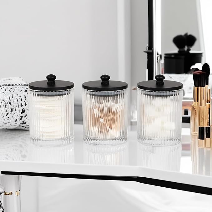 3 Pack Qtip Holder - Bathroom Organizers and Storage, Cotton Round Holder Floss Pick Cotton Ball Swab Holder with Tray, Glass Apothecary Jars with Lids Container Set -sw clear b