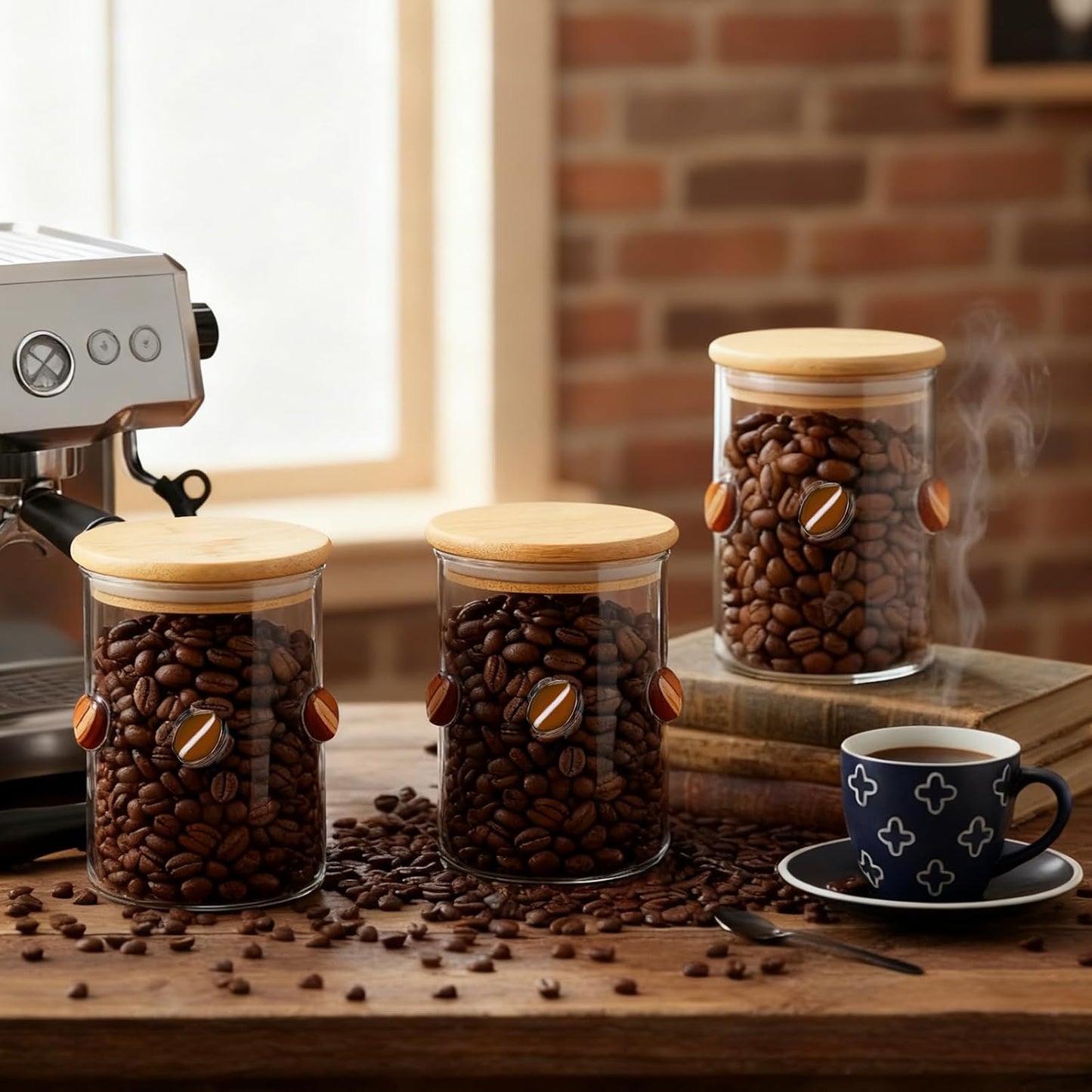 3 Pcs Coffee Glass Storage Jars with Airtight Bamboo Lid Coffee Bean Class Containers Storage Canisters for Serving Bath Salt, Sugar, Spice, Tea, Cereals, Condiment