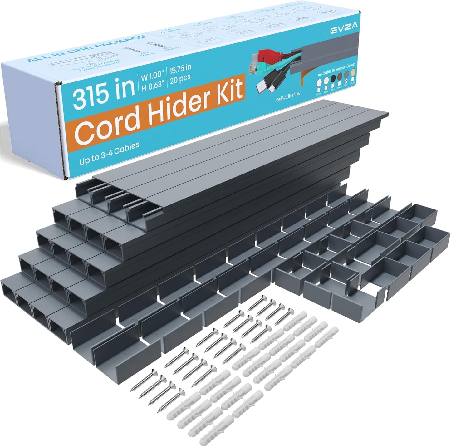 Grey Cable Concealer Wall Kit - 315in Cable Raceway for Extension Cord, Cord Cover Kit for Wall Mounted TV, Gray Wire Management, Decorative Electrical Cable Concealer, Cable Channel, Wire Molding